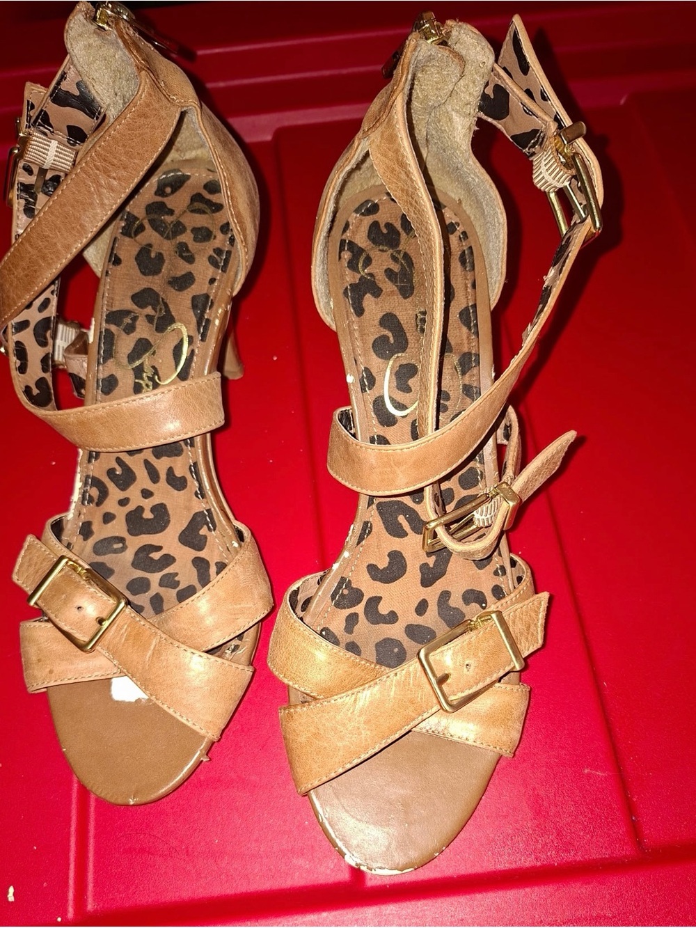Jessica Simpson Tan Strappy Heeled Sandals with Leopard Insole